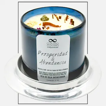 Vela artesanal de Prosperidad y Abundancia con aroma a café, coco, vainilla y romero